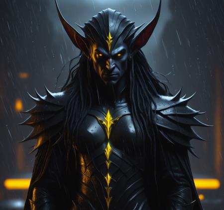 09949-3974397931-full body shot of a dark elf during a thundertstorm, heavy rain, large droplets, highly detailed, Life like, glowing yellow eyes.png